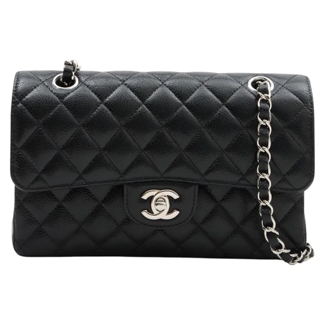Chanel 2020-era Caviar Skin Classic Flap Chain Bag 23cm Black in Black Caviar leather from VINTAGE QOO TOKYO