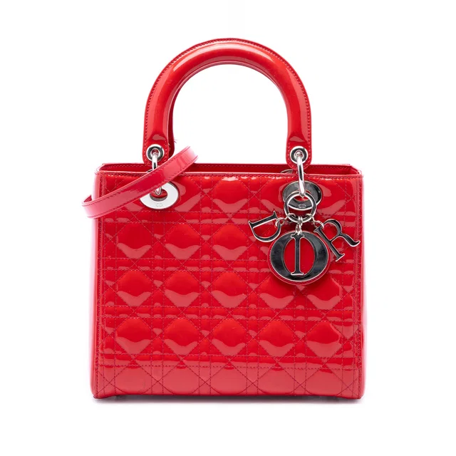 Red Dior Medium Patent Cannage Lady Dior Satchel in Red Patent leather from Designer Revival