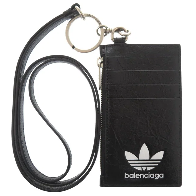 Balenciaga Adidas Collaboration Trefoil Leather Black Wallet on Chain in Black Leather from The Reluxe