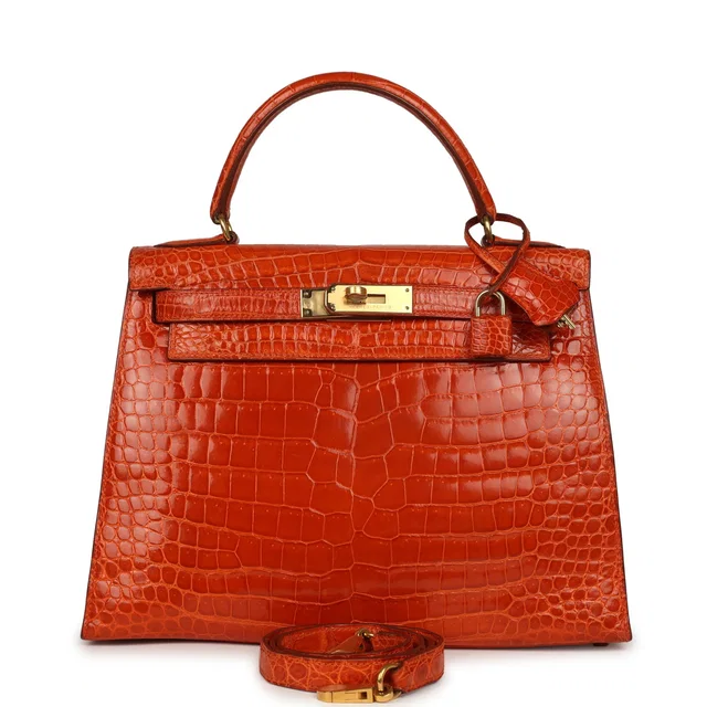Hermès Vintage Kelly Sellier 28 Orange Shiny Porous Crocodile Gold Hardware in Orange Crocodile from Madison Avenue Couture
