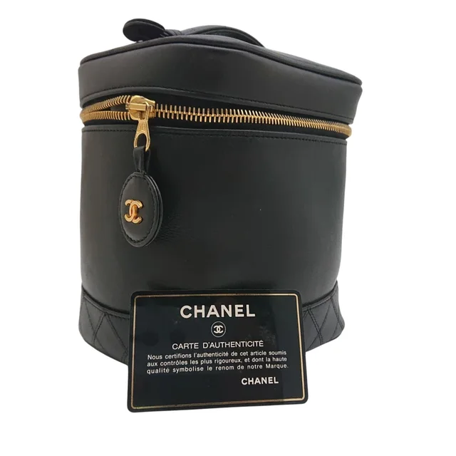Chanel Vintage Vanity Bag Black Leather Gold CC Logo with Card in Black Leather from The Reluxe
