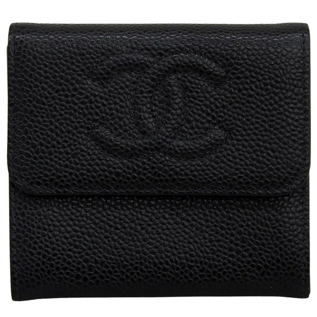 Chanel Circa 2001 CC Logo Stitch Compact Wallet Black in Black Caviar leather from VINTAGE QOO TOKYO
