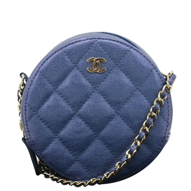 Chanel Round Clutch with Chain Mini Quilted Iridescent Caviar Leather Crossbody Bag Shiny Blue in Blue Caviar leather from Dallas Designer Handbags