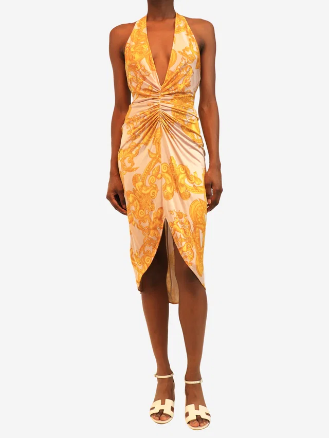 Versace Pink and gold vintage SS05 printed halterneck mini dress - size UK 8 in Pink from Sign of the Times