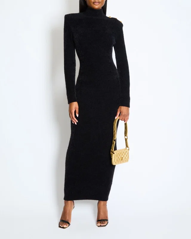 Balmain Black Open-Back Knitted Maxi Dress with Button Detail Size FR 36 (UK 8) in Black from Sellier