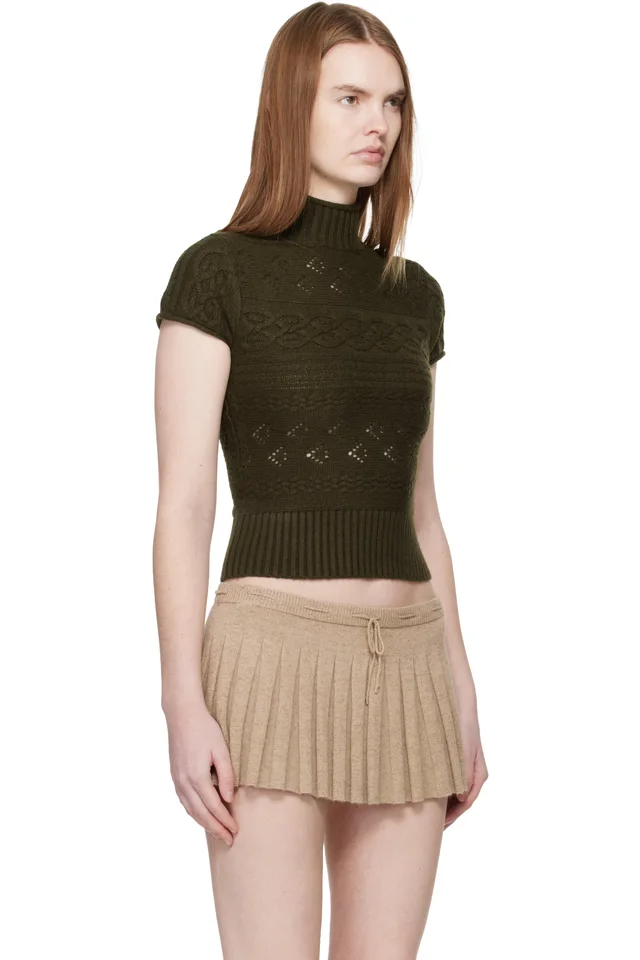 GUIZIO Khaki Vivienne Short Sleeve Cable Turtleneck, photo 2 of 4 from SSENSE