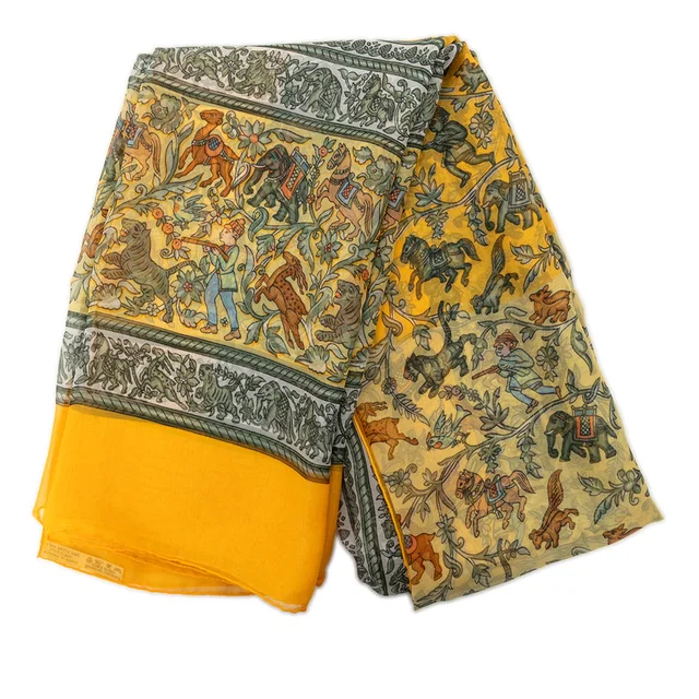 Yellow Hermès Chasse en Inde Silk Scarf 90 Scarves in Yellow Silk from Designer Revival