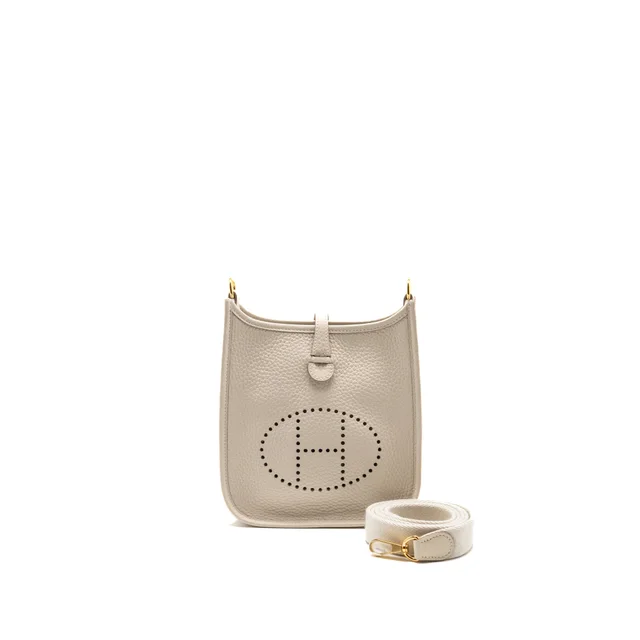 Hermès Mini Evelyne Clemence Craie GHW Stamp G in White Clemence leather from EMIER