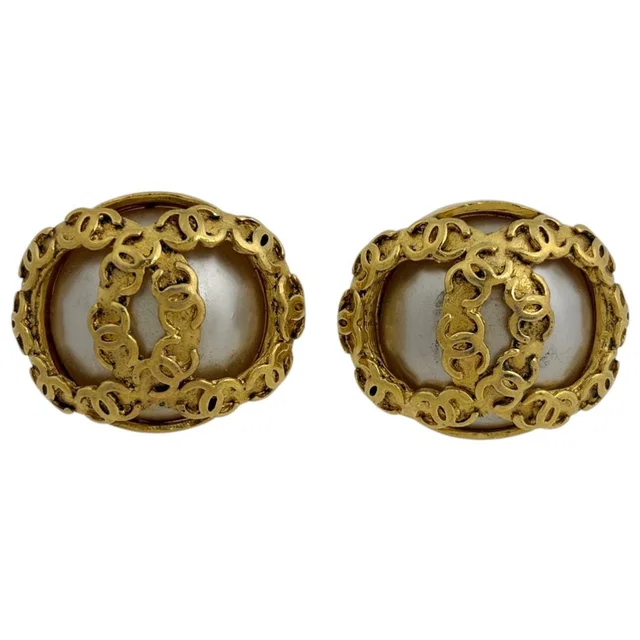 Chanel CC Logo Faux Pearl Earrings Round Gold Plated White in White from The Reluxe