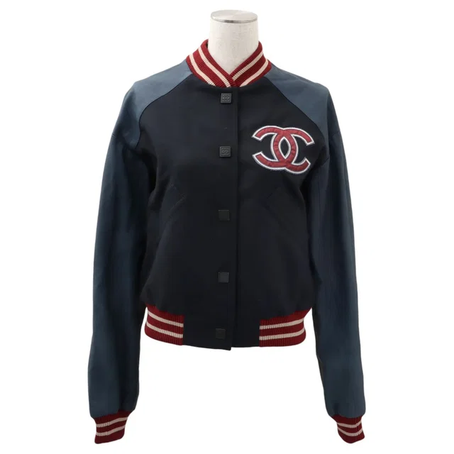 Chanel 2004 Sport Line CC Mark Patch Stadium Jacket #36 Navy/Bordeaux in Burgundy Wool from VINTAGE QOO TOKYO
