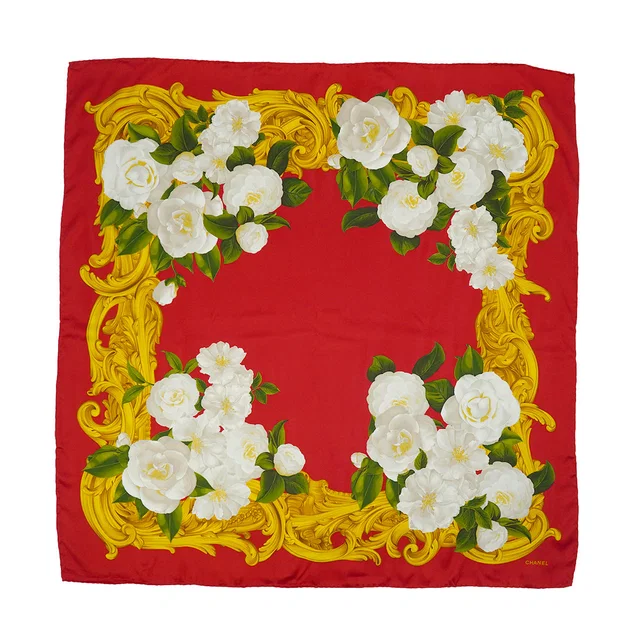 Chanel Vintage Camellia Flower Pattern Scarf Red Silk in Red Silk from Luxury Promise