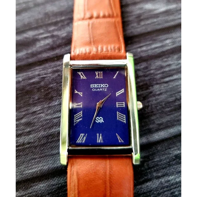 Nos Seiko Men Tank Rectangular Blue Dial Leather Band Dress Watch in blue|red|brown Leather from Poshmark