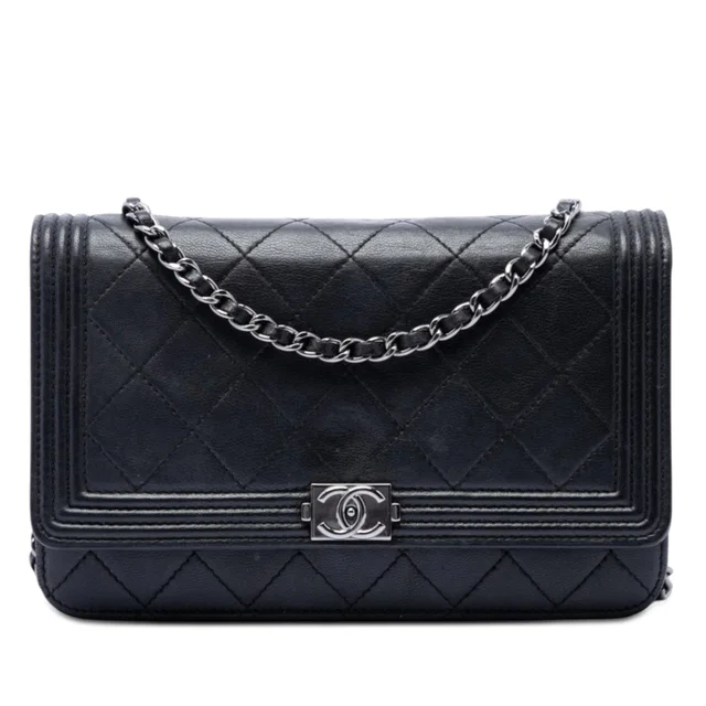 Black Chanel Quilted Lambskin Boy Wallet On Chain Crossbody Bag in Black Lambskin from Designer Revival