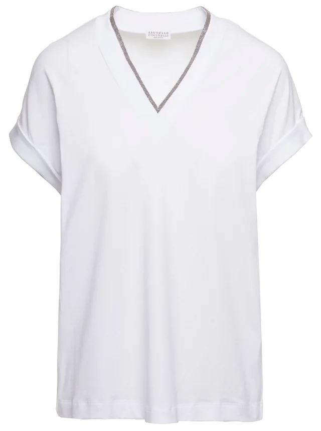 White T-Shirt with Monile Detail and V-Neck in Stretch Cotton for Women in White, image 1 of 1 from Gaudenzi Boutique