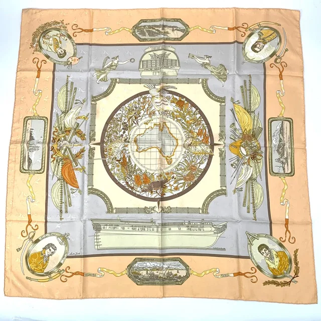 Hermès Carre 90 le Geographe Geographer 100% Silk Beige Scarf in Beige Silk from The Reluxe