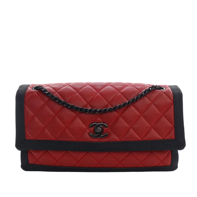 Red Chanel Medium CC Bicolor Quilted Lambskin Grosgrain Single Flap Shoulder Bag in Red Lambskin from Designer Revival