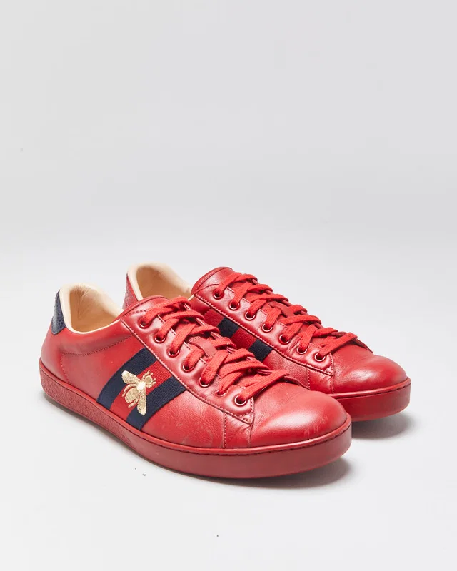 Gucci Ace Red Leather Embroidered Bee Python Heel Low Trainers - UK9 in Red Python from Rokit Vintage