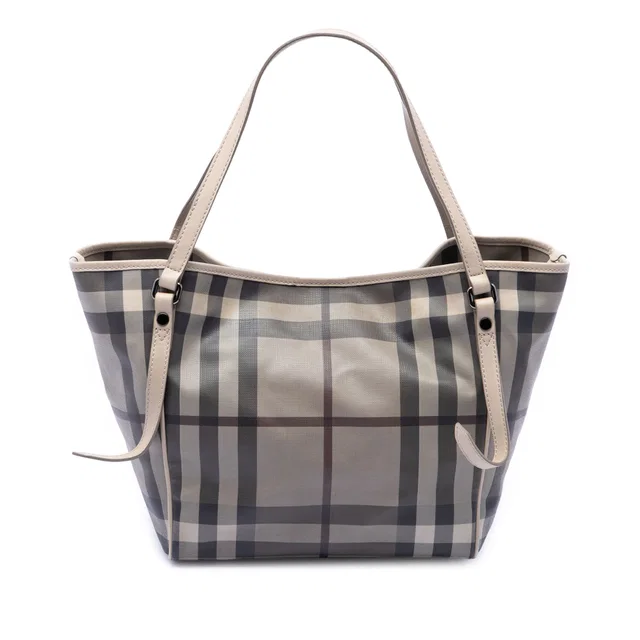 Gray Burberry Small Smoke Check Coated Canvas Canterbury Tote in Grey Coated canvas from Designer Revival