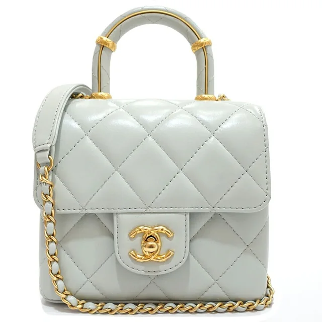 Chanel Top Handle Mini Flap Quilted Shoulder Bag Lambskin Light Blue in Blue Lambskin from The Reluxe