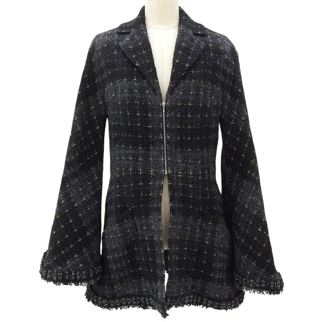 Chanel 2008 Tweed Check Pattern Flare Hem Jacket #38 Gray/Black in Black Tweed from VINTAGE QOO TOKYO
