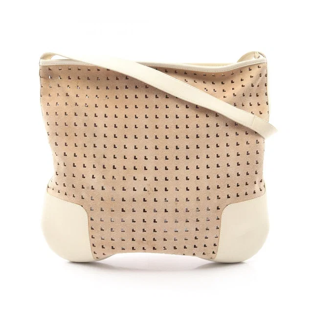 Loewe Shoulder Bag Perforated Brown Ivory Suede Leather Anagram in Brown Suede from The Reluxe