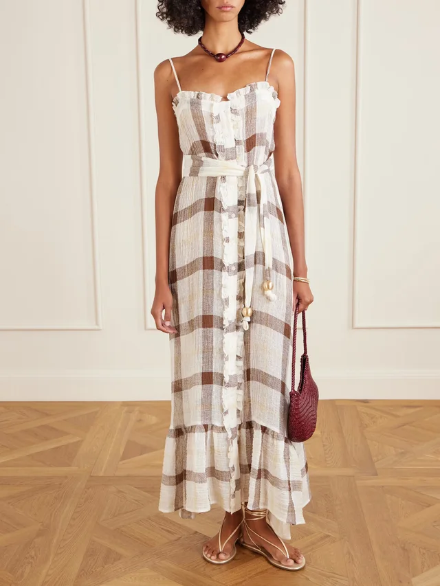 LISA MARIE FERNANDEZ Belted embellished tiered ruffled checked linen-blend gauze maxi dress, photo 2 of 2 from NET-A-PORTER (Canada)
