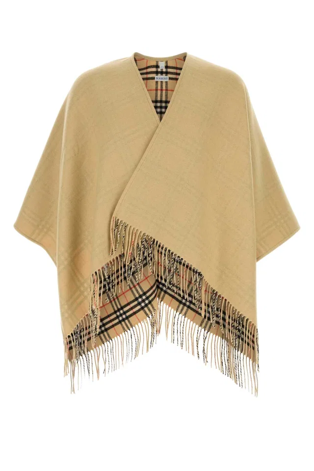 Burberry Wool With Fringe And Reversible Check Lining Shawl — Beige Exterior: Shawls in Beige Wool from HEWI