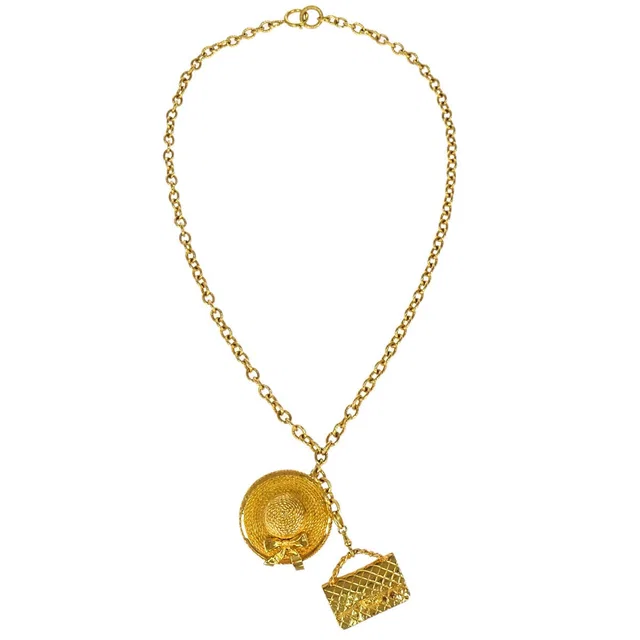 Chanel Gold Flap Bag and Straw Hat Motif Pendant Long Necklace in Gold Raffia from AMORE Vintage Tokyo