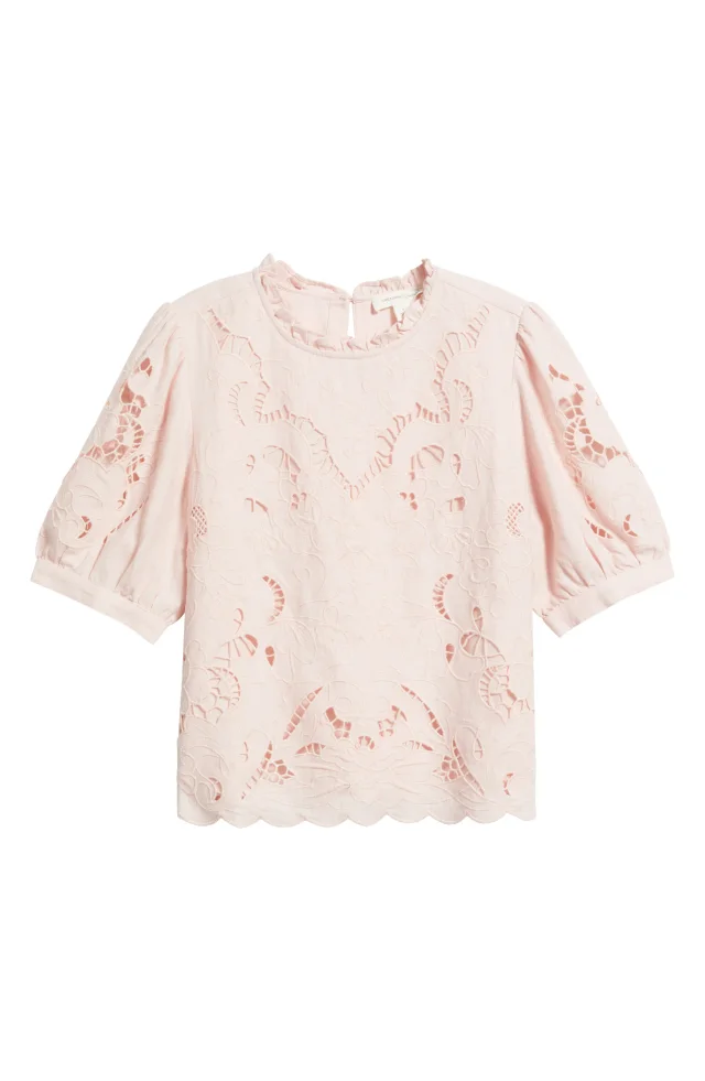 Treasure & Bond Embroidered Cutwork Puff Sleeve Linen Blend Top in Pink, photo 6 of 7 from Nordstrom Rack