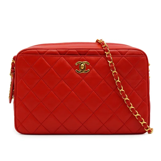 Chanel Vintage Matelasse Camera Bag Red Lamb Skin Gold Hardware in Red Leather from Luxury Promise