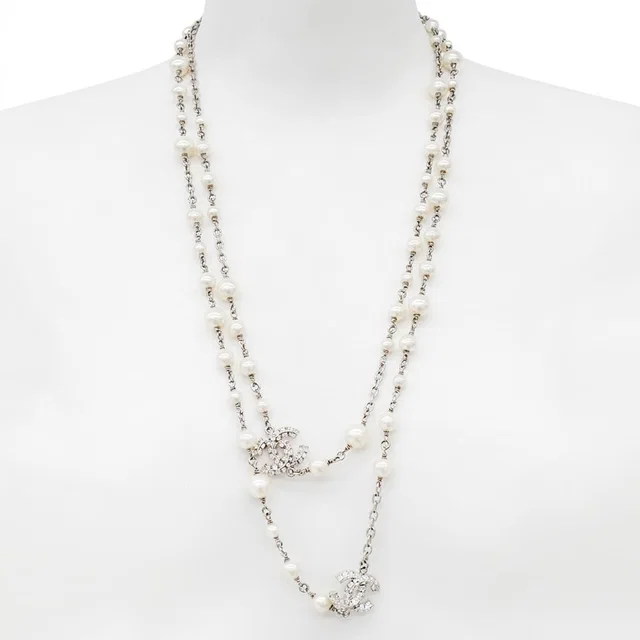 Chanel 2014 Pearl Rhinestone CC Mark Long Necklace Silver in Silver from VINTAGE QOO TOKYO
