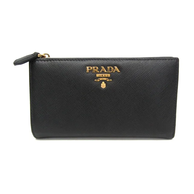 Prada Saffiano Triangle 1ML009 Women's Leather Middle Wallet (bi-fold) Black in Black Leather from Elady