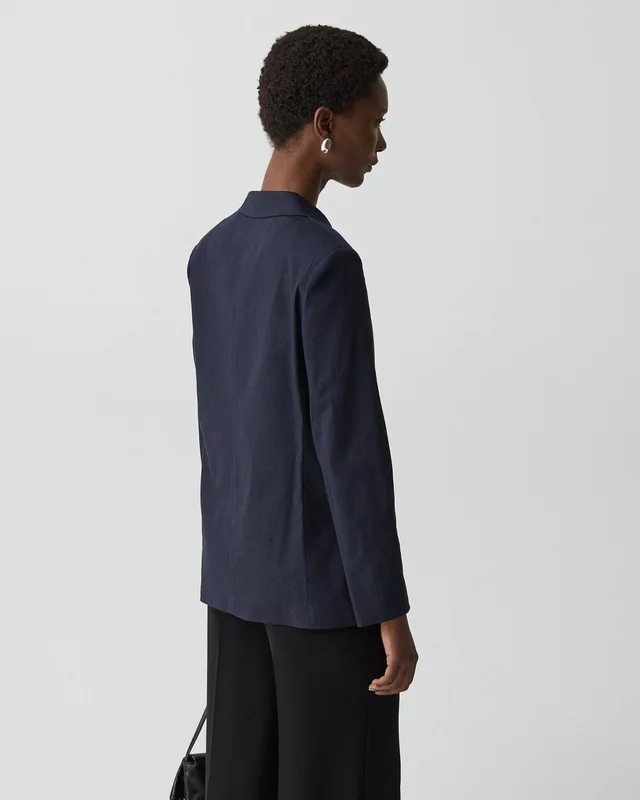 Theory Vented Double-Breasted Blazer in Good Linen in MIDNIGHT NAVY, photo 11 of 14 from Theory