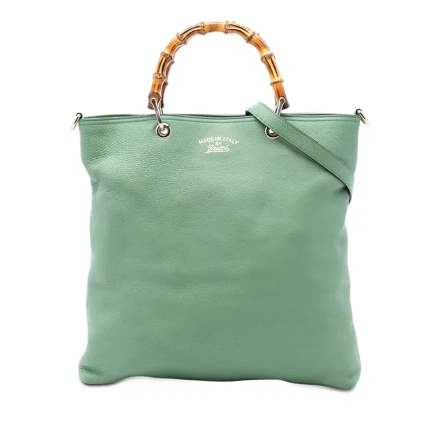 Green Gucci Tall Leather Bamboo Shopper Tote Satchel in Green Leather from Designer Revival