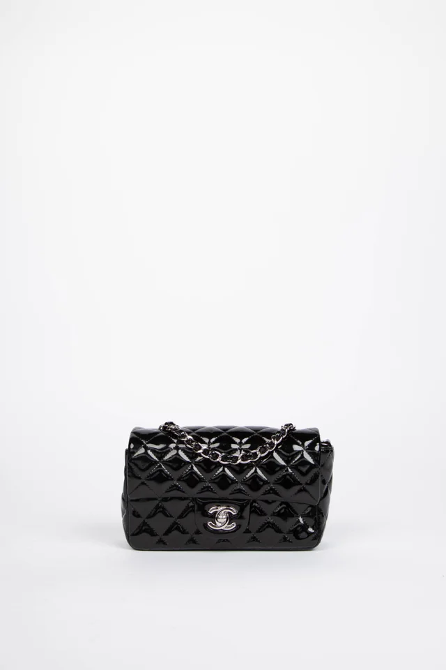 2010s Chanel Black Patent Leather Mini Rectangular Single Flap Bag in Black Patent leather from Break Archive
