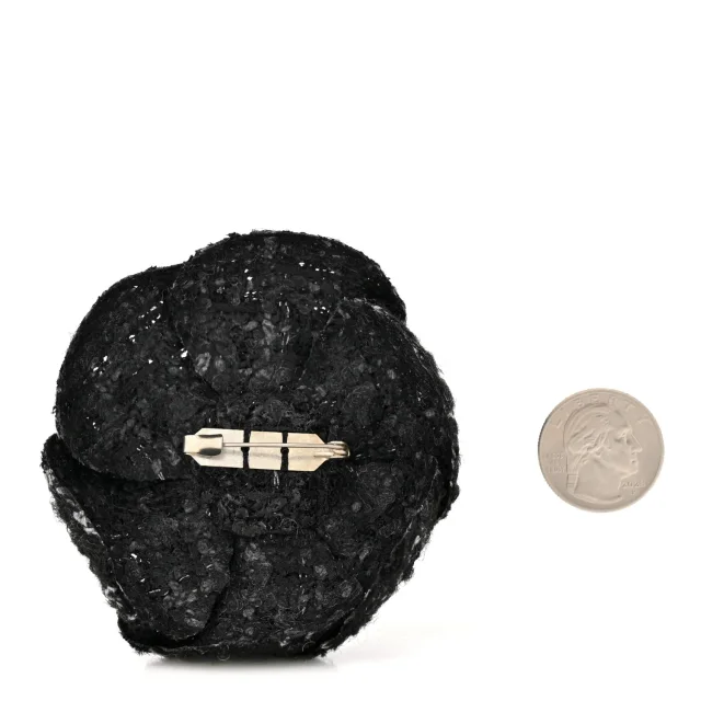 Chanel Camellia CC Pin Brooch Black in Black Tweed from FASHIONPHILE, photo 2 of 3