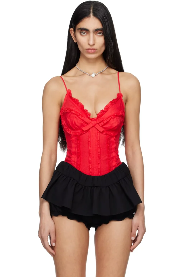 SHUSHU/TONG Red Ruched Bustier Cami Bodysuit from SSENSE, photo 1 of 1