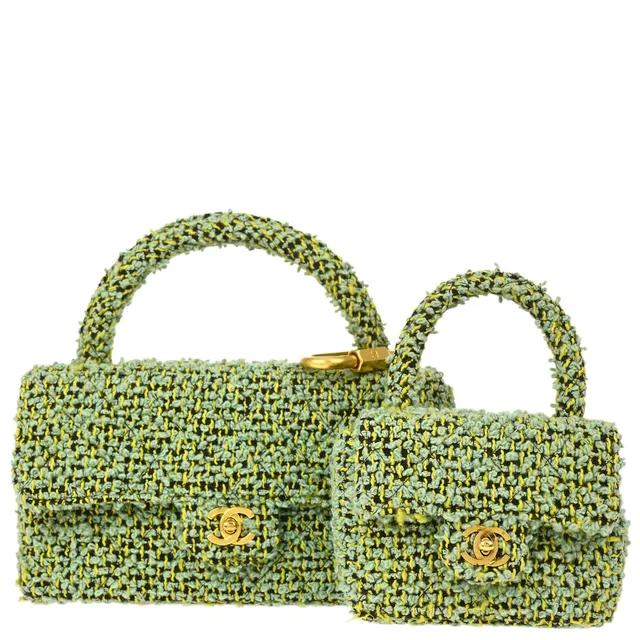 Chanel 1991-1994 Green Tweed Classic Single Flap 2 in 1 Handbag Set in Green Tweed from AMORE Vintage Tokyo