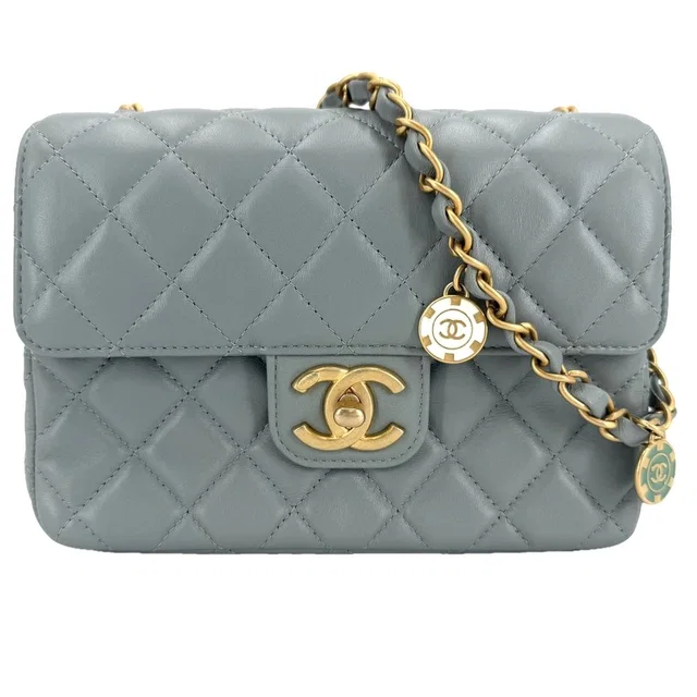 Chanel Shoulder Bag Quilted CC Logo Charm Lambskin Green Gold in Green Lambskin from The Reluxe