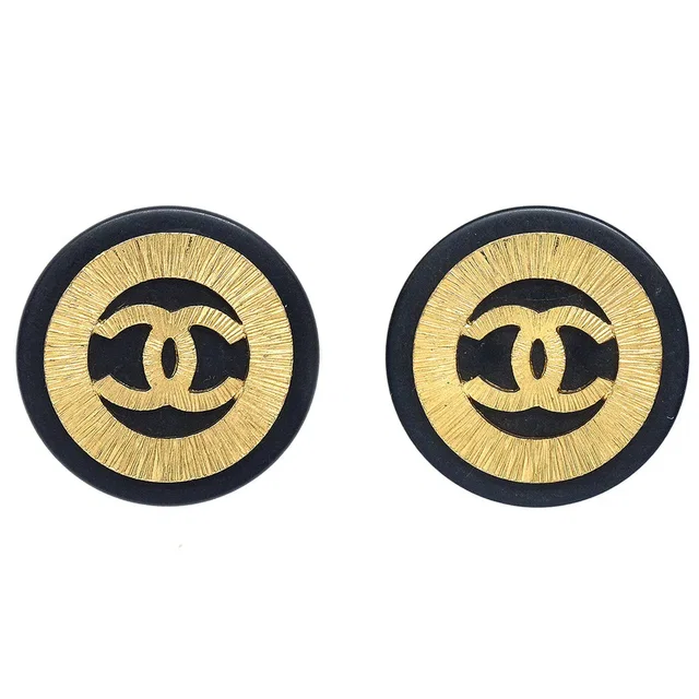 Chanel 1993 Black & Gold Button Earrings Clip-On 28 in Black from AMORE Vintage Tokyo