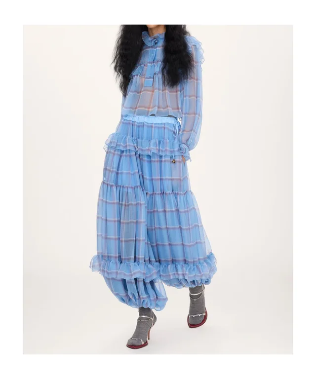 Chloé Ruffled Check Wide-Leg Pants in Silk 100% Description: Fluid pleated trousers in check-print organic silk mousseline with a silk-mix lining, featuring a gathered, tiered…, photo 2 of 7 from SENSER