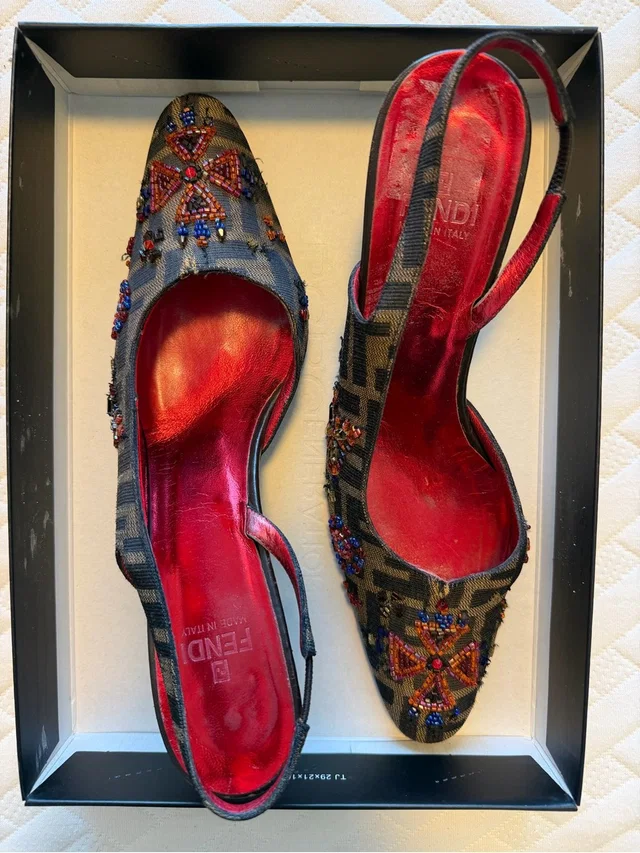 Fendi Black Monogram Beaded Slingback Mules With Red Insole in red|black Leather from Poshmark
