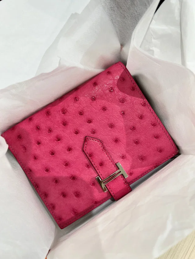 Hermès Rose Tyrien Ostrich Bearn Compact Wallet in Pink Ostrich from Luxury Promise