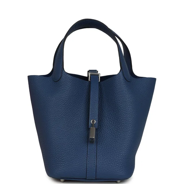 Hermès Picotin Lock 18 Bleu Tie Clemence Palladium Hardware in Blue Clemence leather from Madison Avenue Couture