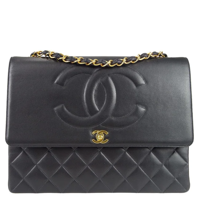 Chanel 1991-1994 Black Lambskin Maxi Straight CC Flap in Black Lambskin from AMORE Vintage Tokyo