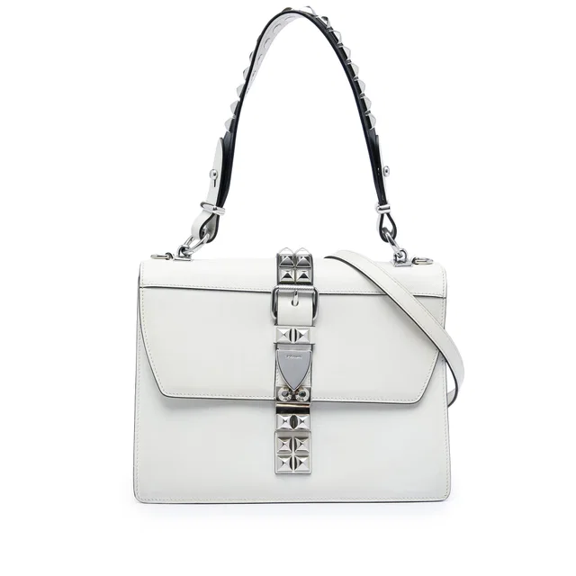 White Prada City Calf and Saffiano Studded Elektra Satchel in White Saffiano leather from Designer Revival