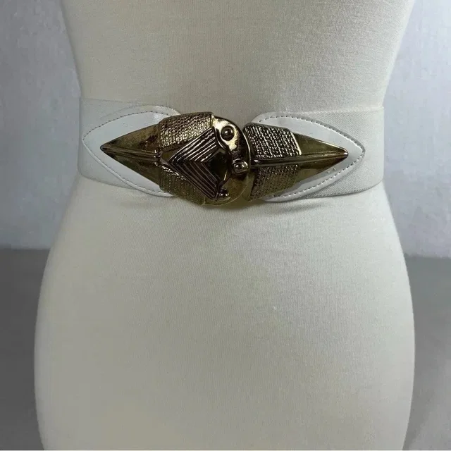 Omega Vtg White Tribal Large Buckle Stretch Elastic Belt in gold|white from Poshmark