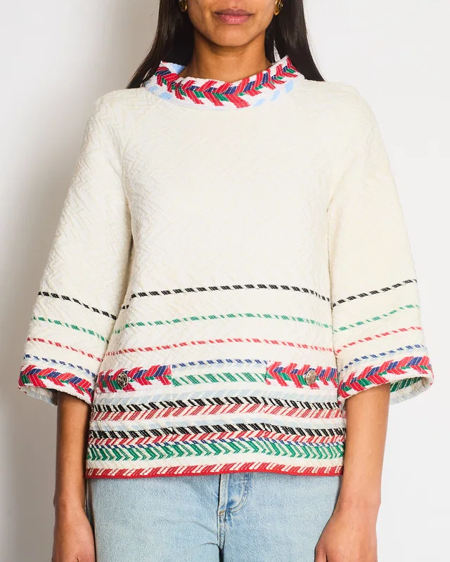 Chanel 16/S White Tweed Chevron Short Sleeve Top with Silver Botton Detail FR 38 Size UK 8 in White Tweed from Sellier