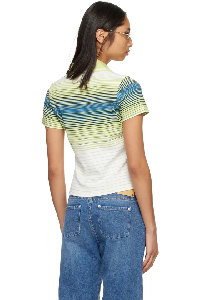 Casablanca Green & White Bourgeois Striped Short Sleeve Polo, photo 3 of 4 from SSENSE