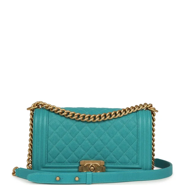 Chanel Medium Boy Bag Turquoise Shiny Caviar Antique Gold Hardware in Blue Caviar leather from Madison Avenue Couture